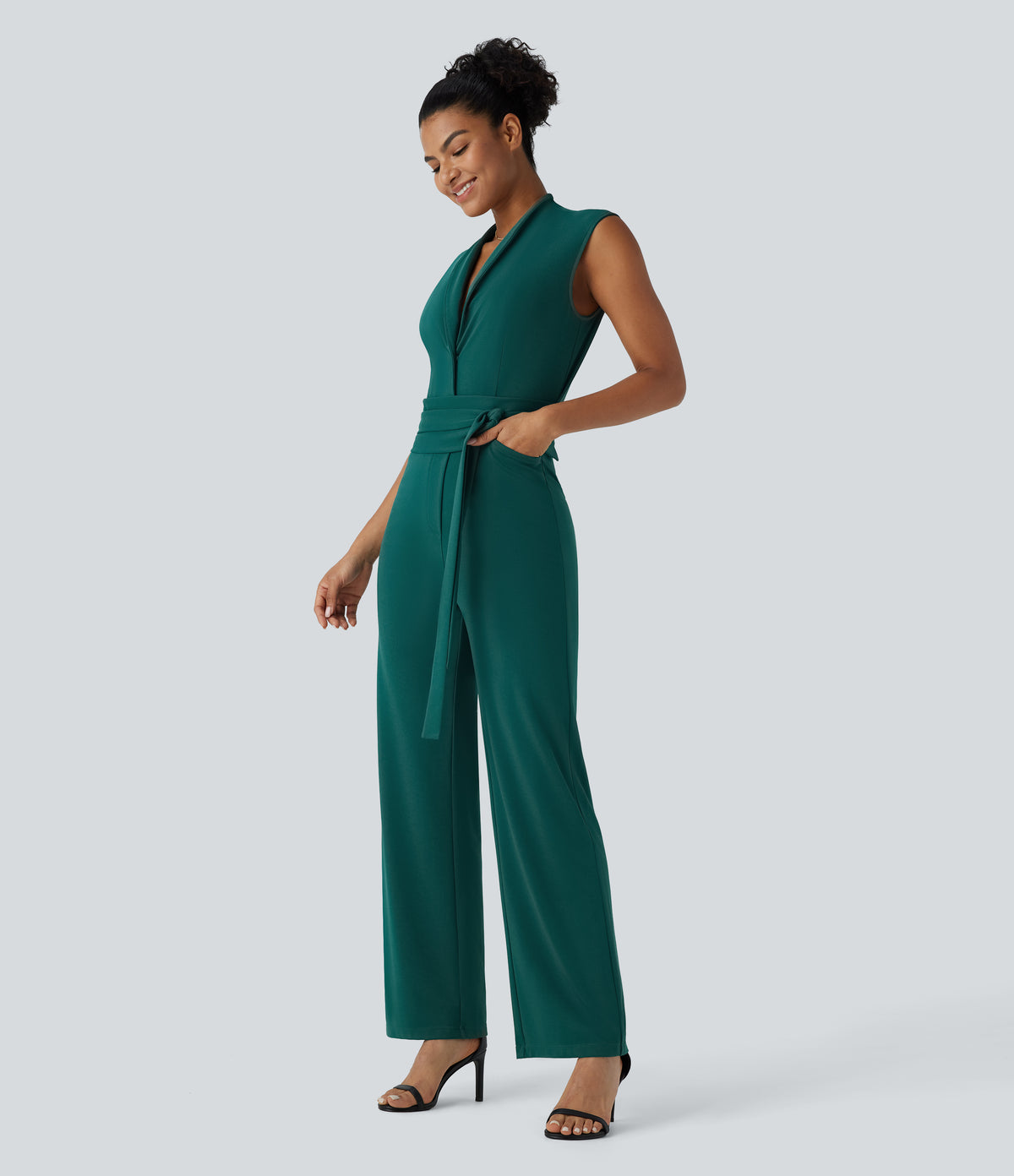 Sleeveless Belted Pocket Work Jumpsuit-Edition — Bayberry — view 4
