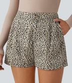 High Waisted Side Pocket Leopard Print Casual Cotton Shorts — Black Yellow Leopard Print — view 4
