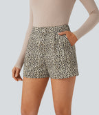 High Waisted Side Pocket Leopard Print Casual Cotton Shorts — Black Yellow Leopard Print — view 1