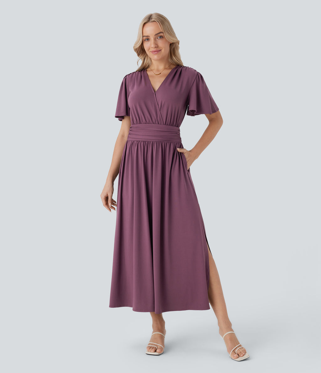 V Neck Short Sleeve Draped Split Flowy Midi Resort Dress — Plum Wine — view 1