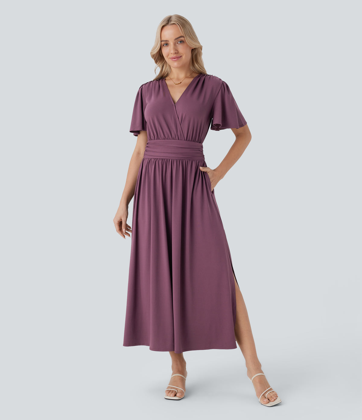 V Neck Short Sleeve Draped Split Flowy Midi Resort Dress — Plum Wine — view 1