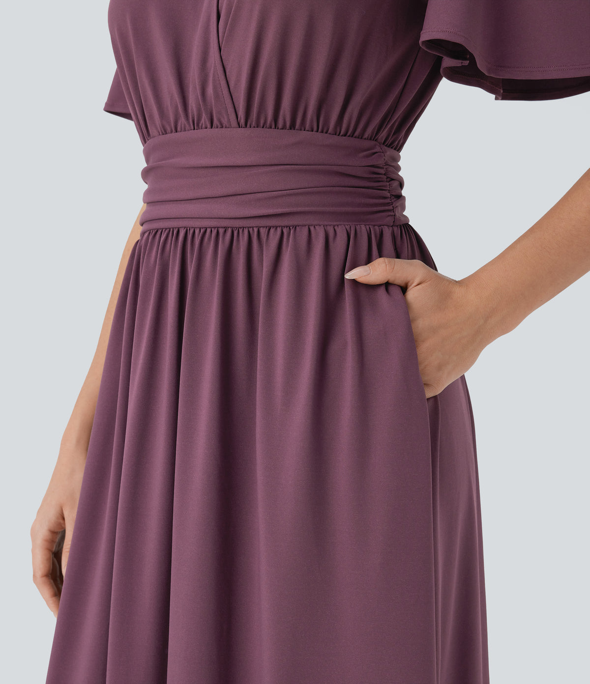 V Neck Short Sleeve Draped Split Flowy Midi Resort Dress — Plum Wine — view 5