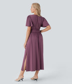 V Neck Short Sleeve Draped Split Flowy Midi Resort Dress — Plum Wine — view 2