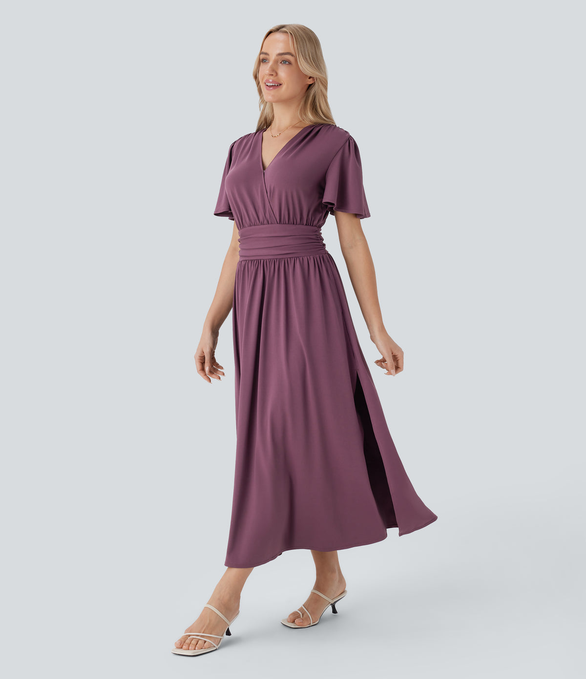 V Neck Short Sleeve Draped Split Flowy Midi Resort Dress — Plum Wine — view 3