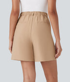 High Waisted Button Zipper Side Pocket Work Linen-Feel Shorts — Pale Khaki — view 2