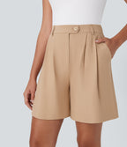 High Waisted Button Zipper Side Pocket Work Linen-Feel Shorts — Pale Khaki — view 5