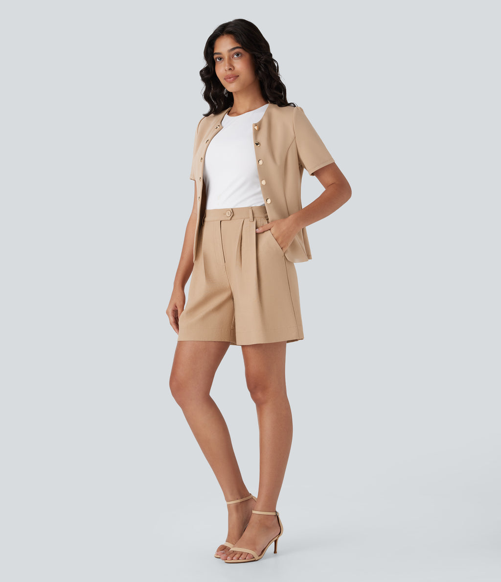 High Waisted Button Zipper Side Pocket Work Linen-Feel Shorts — Pale Khaki — view 6