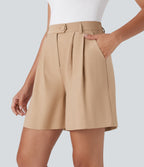 High Waisted Button Zipper Side Pocket Work Linen-Feel Shorts — Pale Khaki — view 3