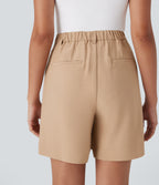 High Waisted Button Zipper Side Pocket Work Linen-Feel Shorts — Pale Khaki — view 4
