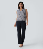 V Neck Button Sleeveless Wrapped Crossover Work Blouse — Ultimate Gray — view 6