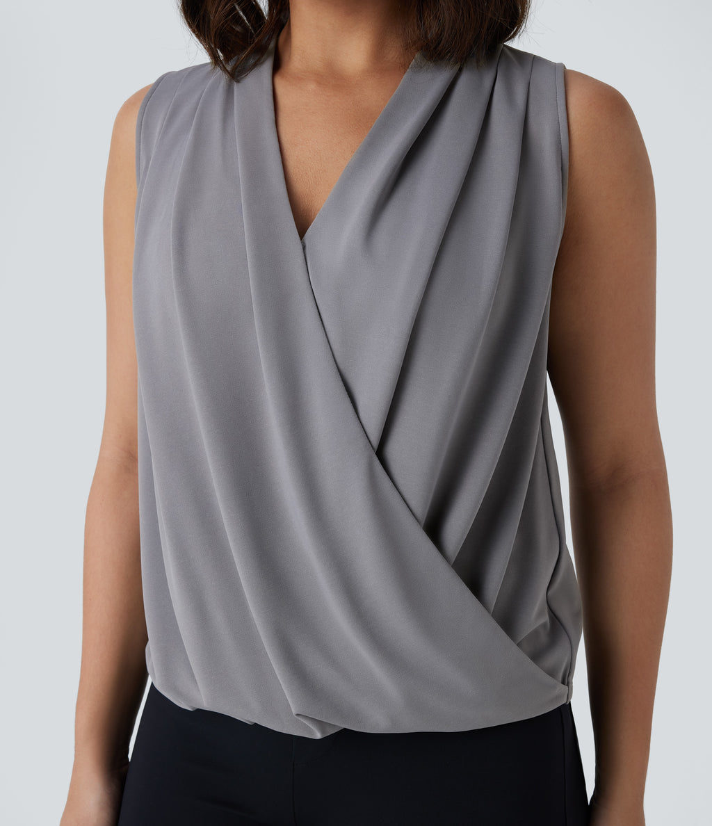 V Neck Button Sleeveless Wrapped Crossover Work Blouse — Ultimate Gray — view 4