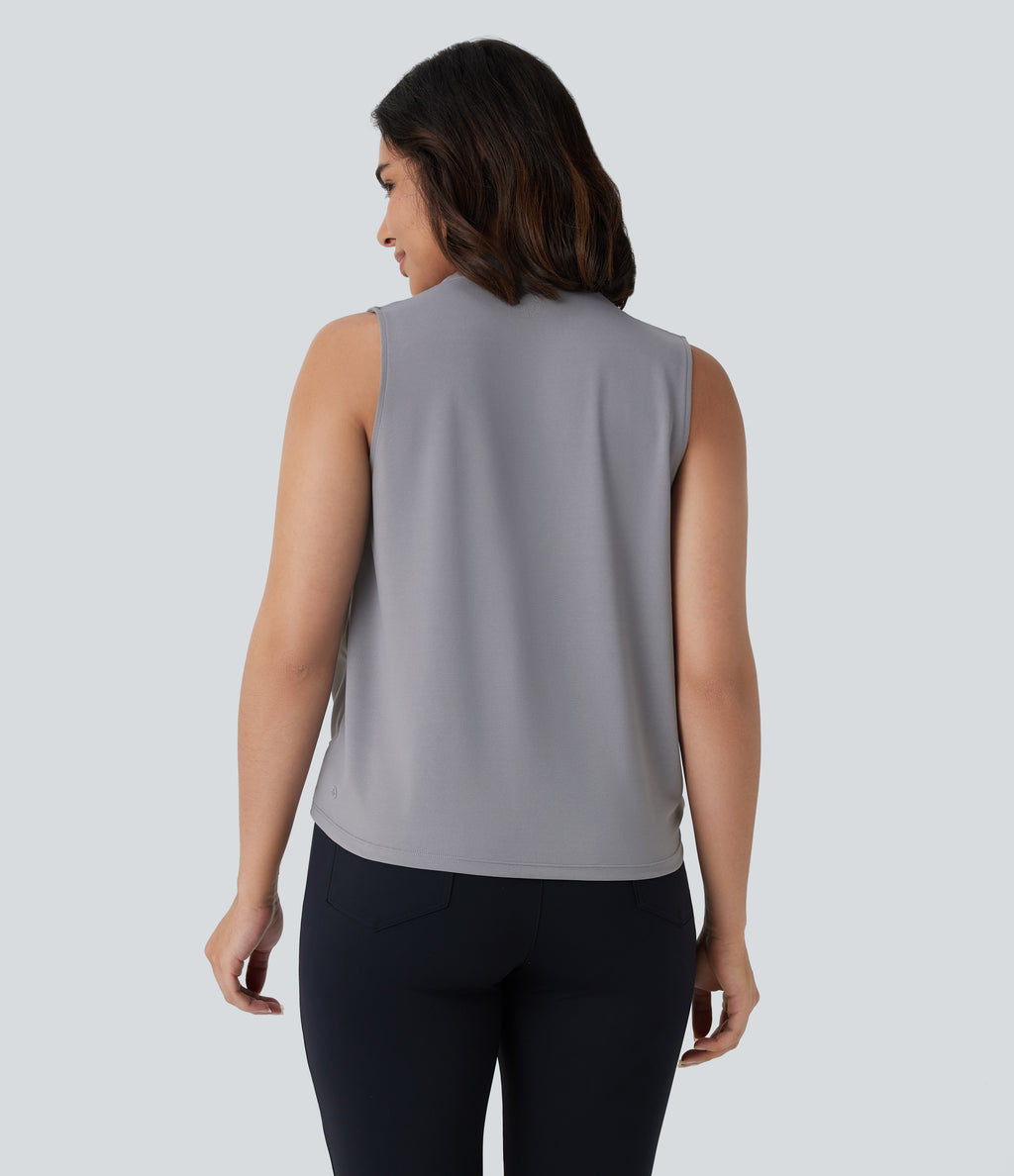V Neck Button Sleeveless Wrapped Crossover Work Blouse — Ultimate Gray — view 2