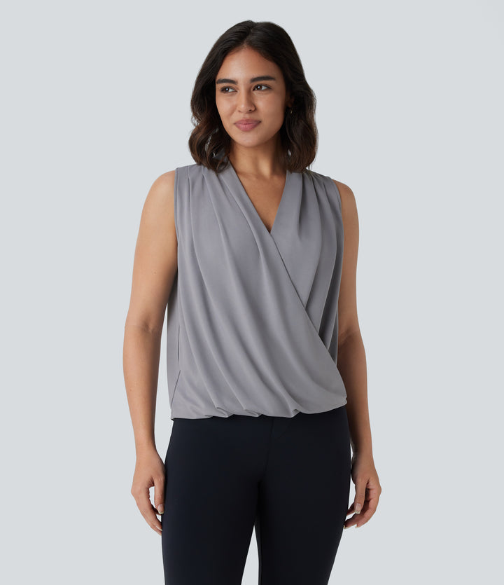 V Neck Button Sleeveless Wrapped Crossover Work Blouse — Ultimate Gray — view 1
