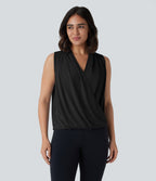 V Neck Button Sleeveless Wrapped Crossover Work Blouse — Black — view 7