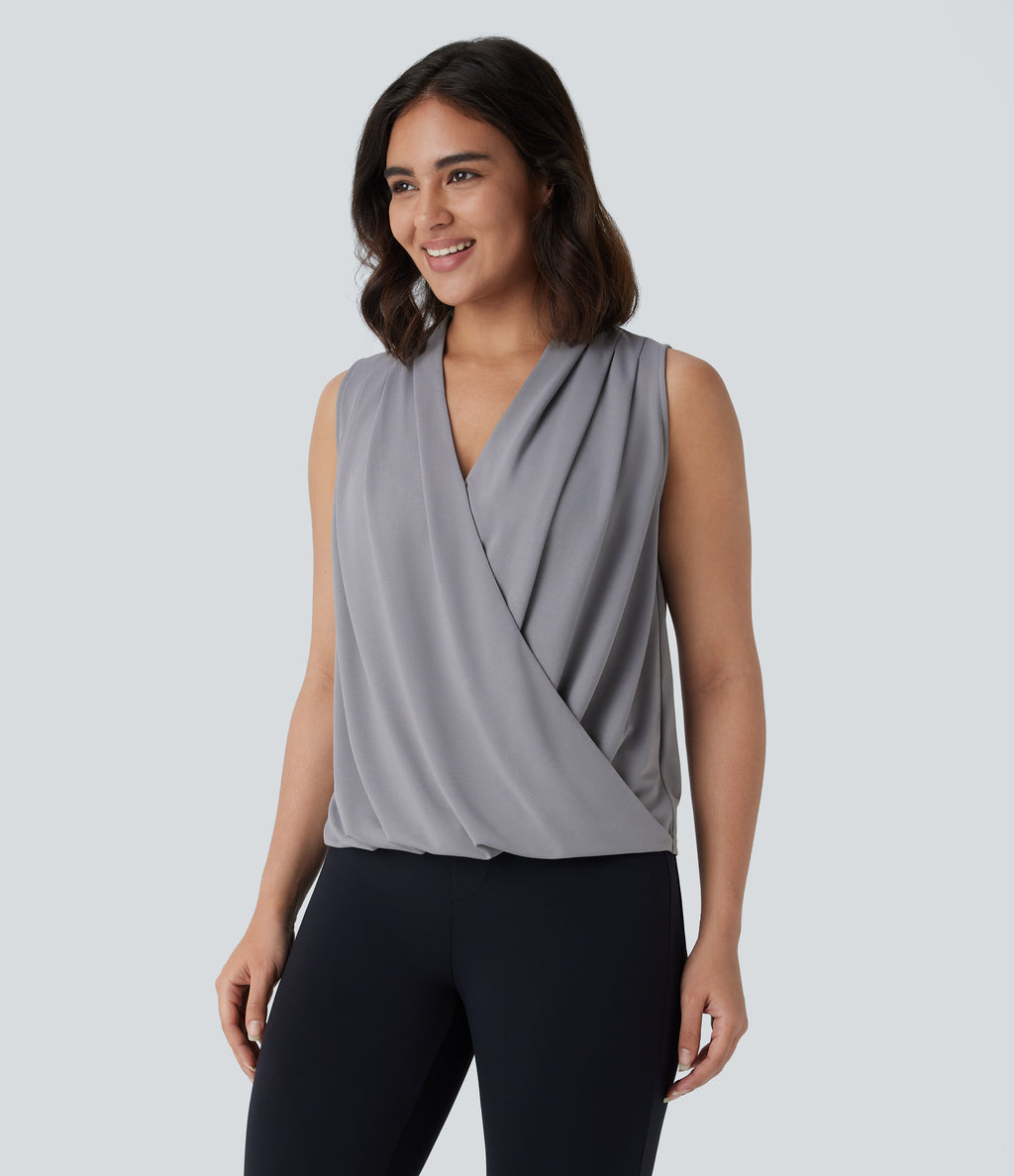 V Neck Button Sleeveless Wrapped Crossover Work Blouse — Ultimate Gray — view 3