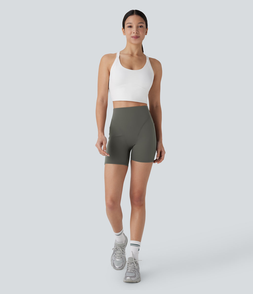 High Waisted Side Pocket Workout Biker Shorts 5'' — Lime Light Green — view 6