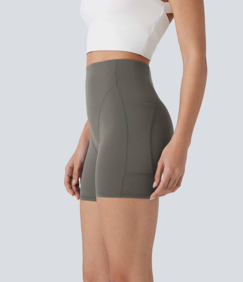 High Waisted Side Pocket Workout Biker Shorts 5'' — Lime Light Green — view 3