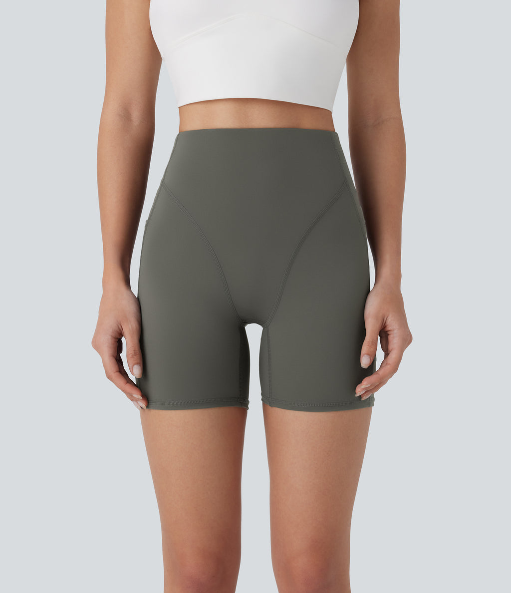 High Waisted Side Pocket Workout Biker Shorts 5'' — Lime Light Green — view 1