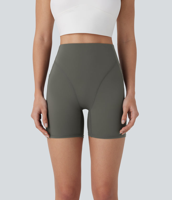 High Waisted Side Pocket Workout Biker Shorts 5'' — Lime Light Green — view 1