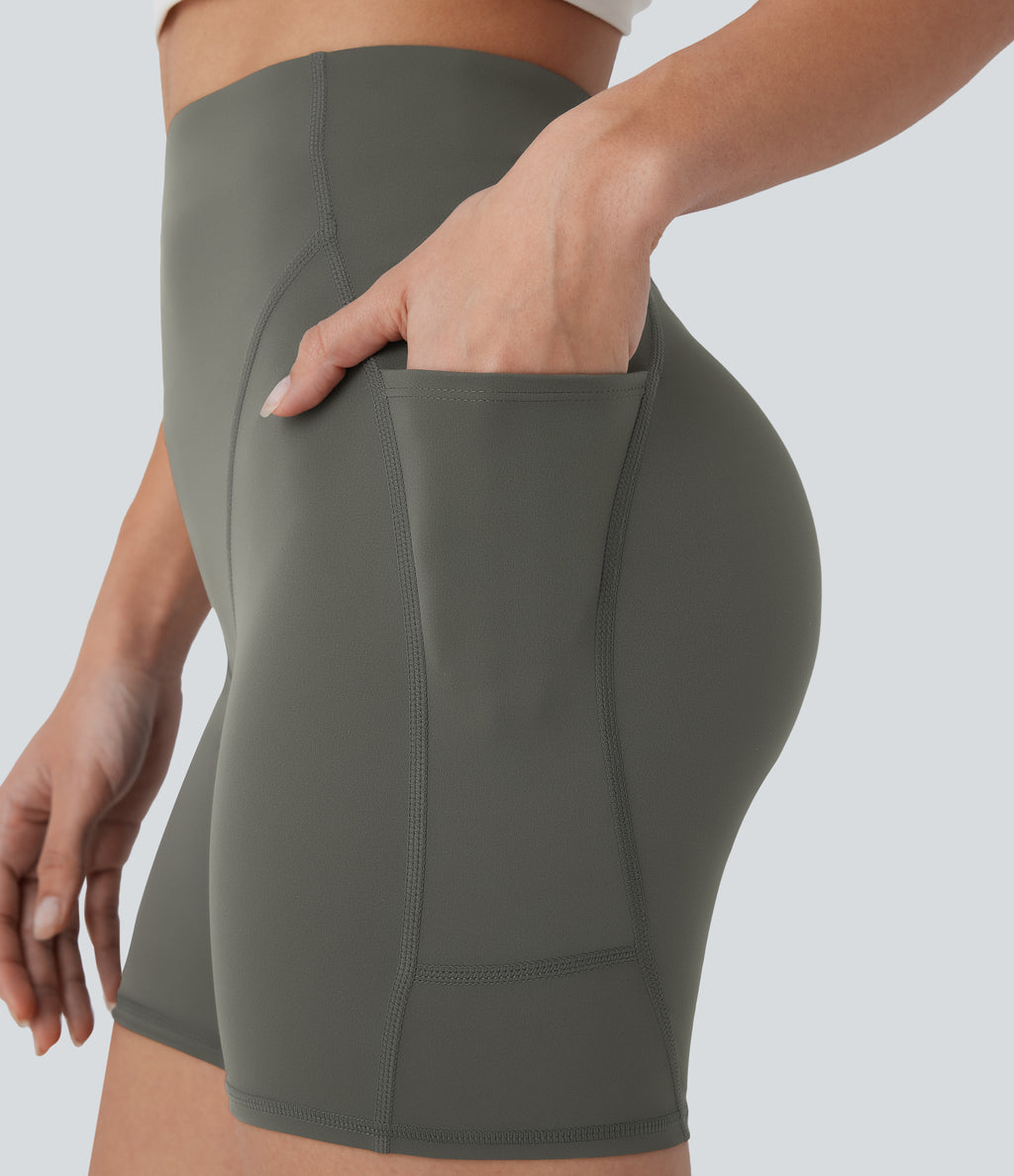 High Waisted Side Pocket Workout Biker Shorts 5'' — Lime Light Green — view 4