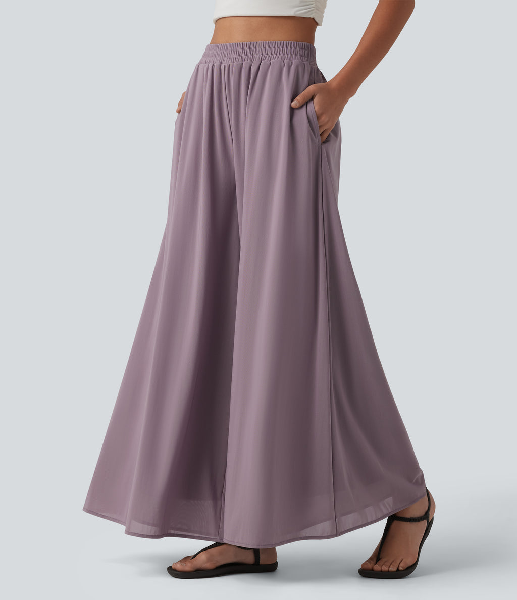 High Waisted Pocket Mesh Overlay Wide Leg Casual Trousers — Iris Purple — view 1