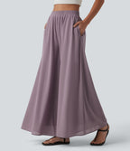 High Waisted Pocket Mesh Overlay Wide Leg Casual Trousers — Iris Purple — view 1