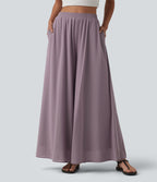 High Waisted Pocket Mesh Overlay Wide Leg Casual Trousers — Iris Purple — view 3