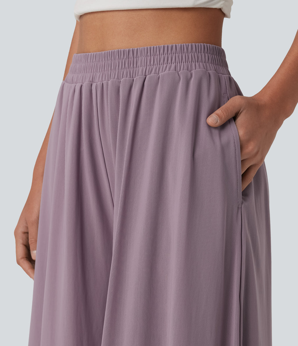 High Waisted Pocket Mesh Overlay Wide Leg Casual Trousers — Iris Purple — view 5