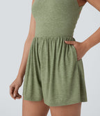 Backless Twisted Side Pocket 2-in-1 Resort Playsuit-Edition — Light Green Floral Yarn — view 7