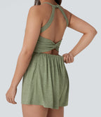 Backless Twisted Side Pocket 2-in-1 Resort Playsuit-Edition — Light Green Floral Yarn — view 4