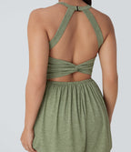Backless Twisted Side Pocket 2-in-1 Resort Playsuit-Edition — Light Green Floral Yarn — view 5