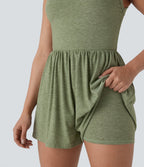 Backless Twisted Side Pocket 2-in-1 Resort Playsuit-Edition — Light Green Floral Yarn — view 8