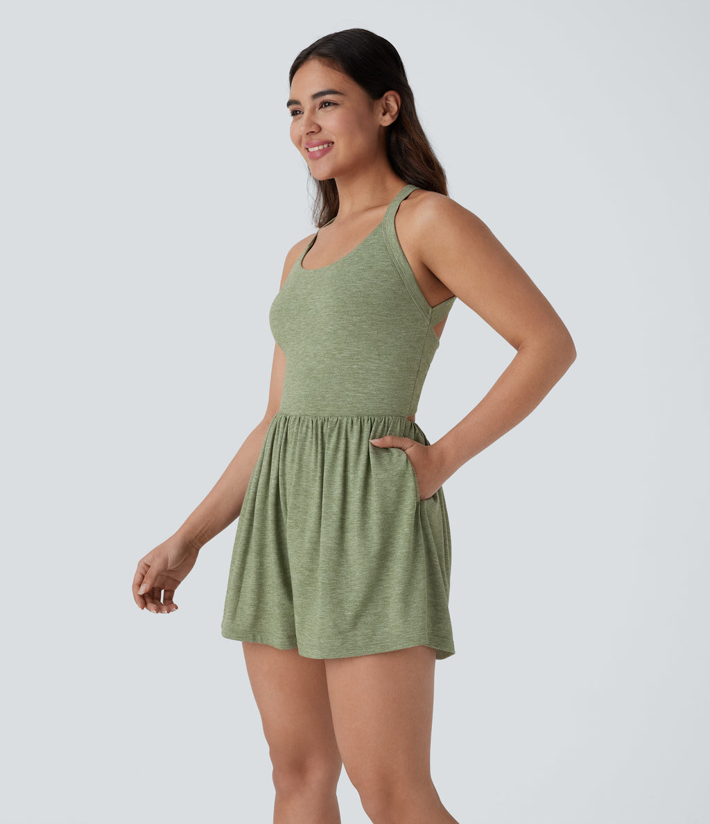 Backless Twisted Side Pocket 2-in-1 Resort Playsuit-Edition — Light Green Floral Yarn — view 3