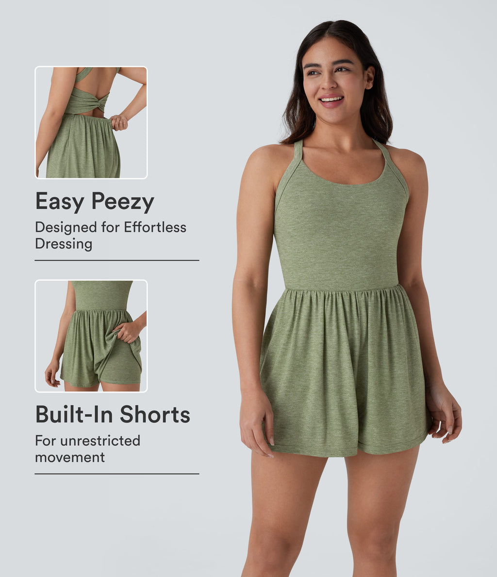 Backless Twisted Side Pocket 2-in-1 Resort Playsuit-Edition — Light Green Floral Yarn — view 1