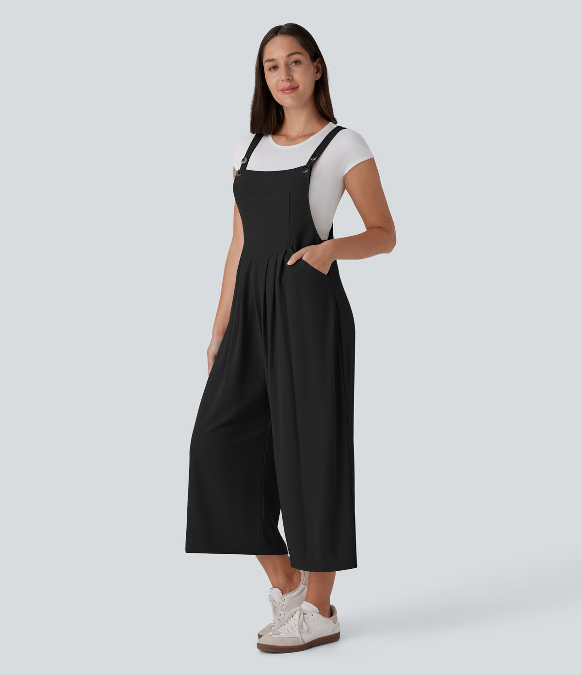 Adjustable Strap Button Multiple Pockets Capri Waffle Casual Dungarees — Black — view 9