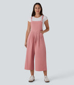 Adjustable Strap Button Multiple Pockets Capri Waffle Casual Dungarees — Rose Tan — view 3