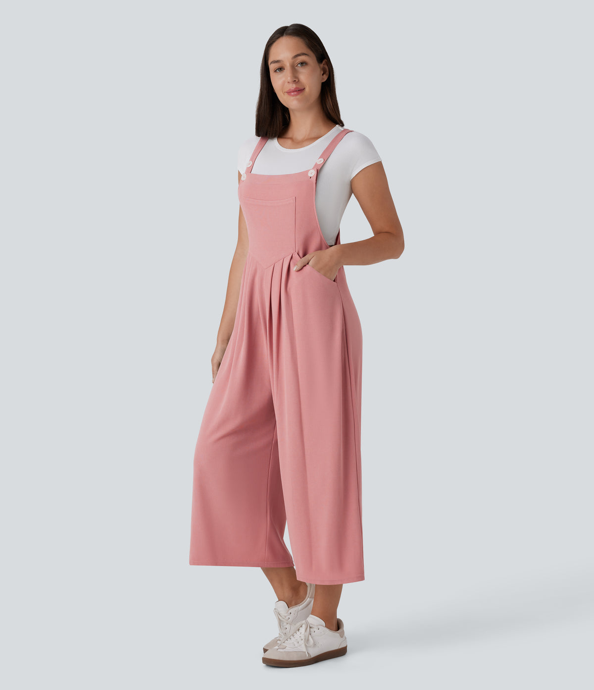 Adjustable Strap Button Multiple Pockets Capri Waffle Casual Dungarees — Rose Tan — view 1