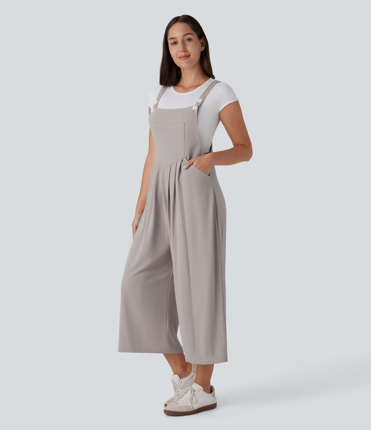 Adjustable Strap Button Multiple Pockets Capri Waffle Casual Dungarees — Mink Ash — view 8