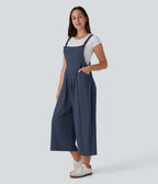 Adjustable Strap Button Multiple Pockets Capri Waffle Casual Dungarees — Harbor Ink — view 7