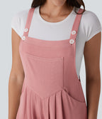Adjustable Strap Button Multiple Pockets Capri Waffle Casual Dungarees — Rose Tan — view 4