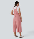 Adjustable Strap Button Multiple Pockets Capri Waffle Casual Dungarees — Rose Tan — view 2