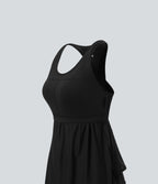 Racerback Curved Hem Stripe Quick Dry Running Tank Vest Top — Black — view 7