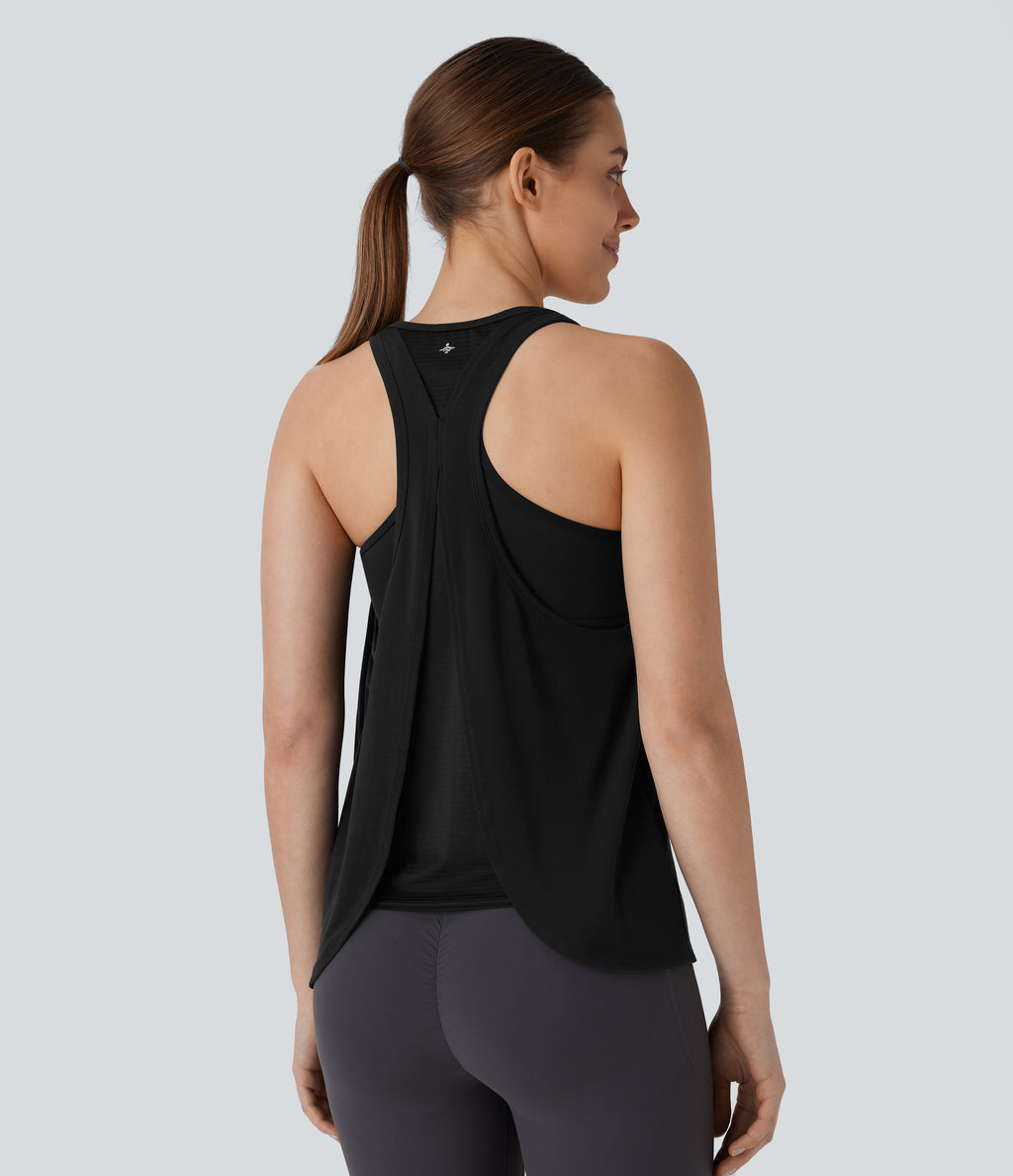Racerback Curved Hem Stripe Quick Dry Running Tank Vest Top — Black — view 1