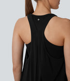 Racerback Curved Hem Stripe Quick Dry Running Tank Vest Top — Black — view 4