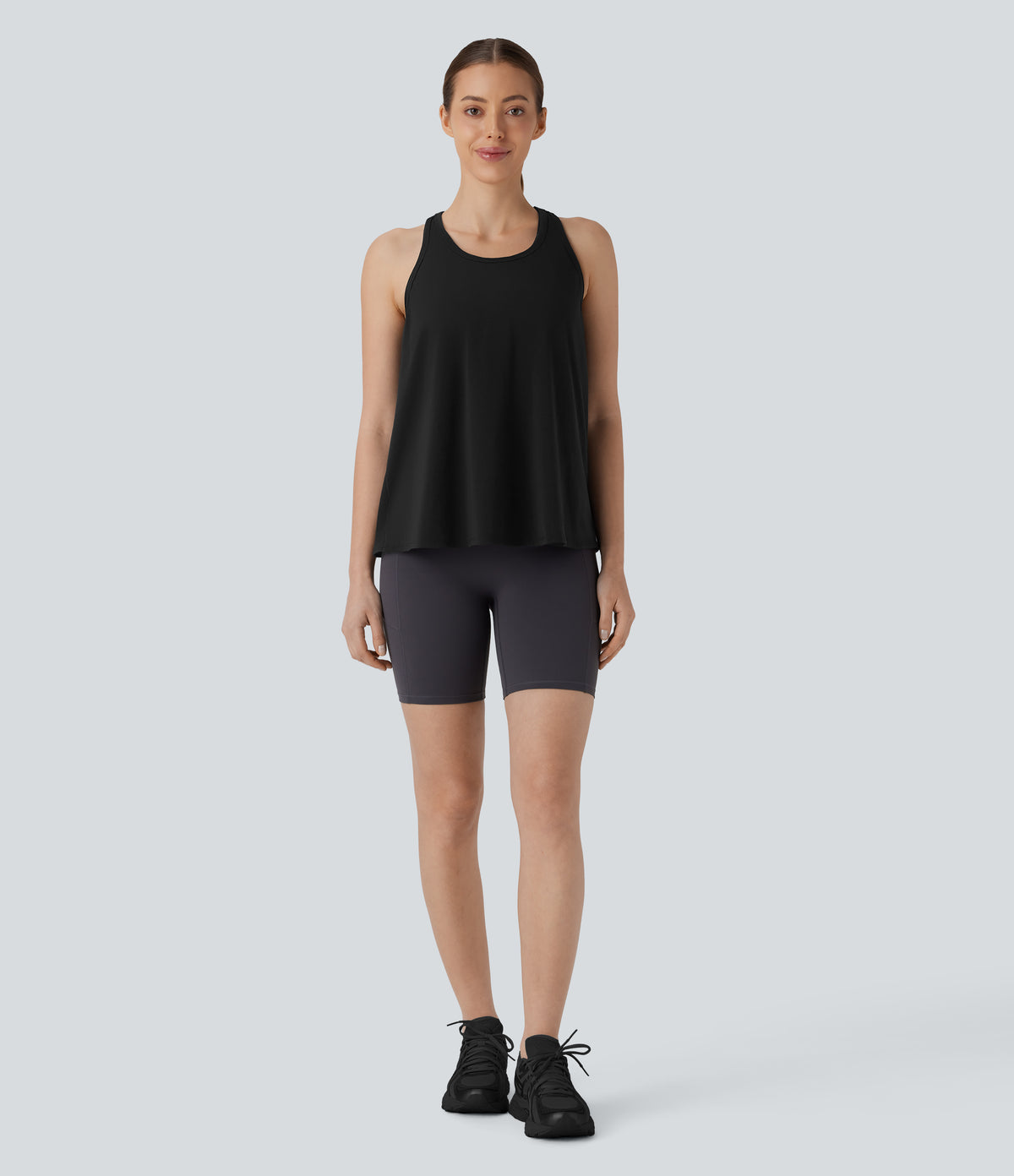 Racerback Curved Hem Stripe Quick Dry Running Tank Vest Top — Black — view 6