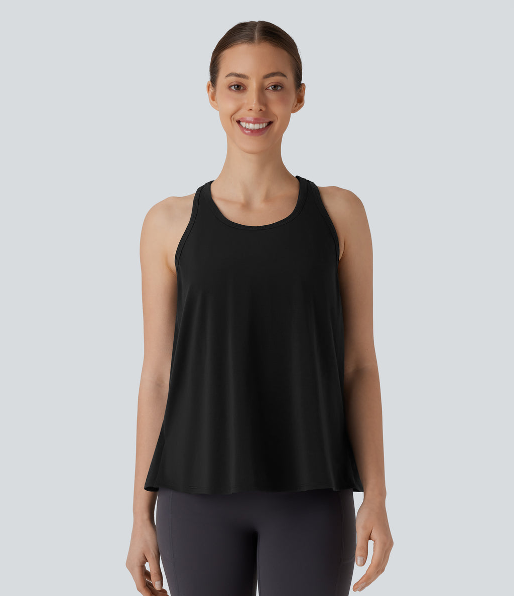 Racerback Curved Hem Stripe Quick Dry Running Tank Vest Top — Black — view 2