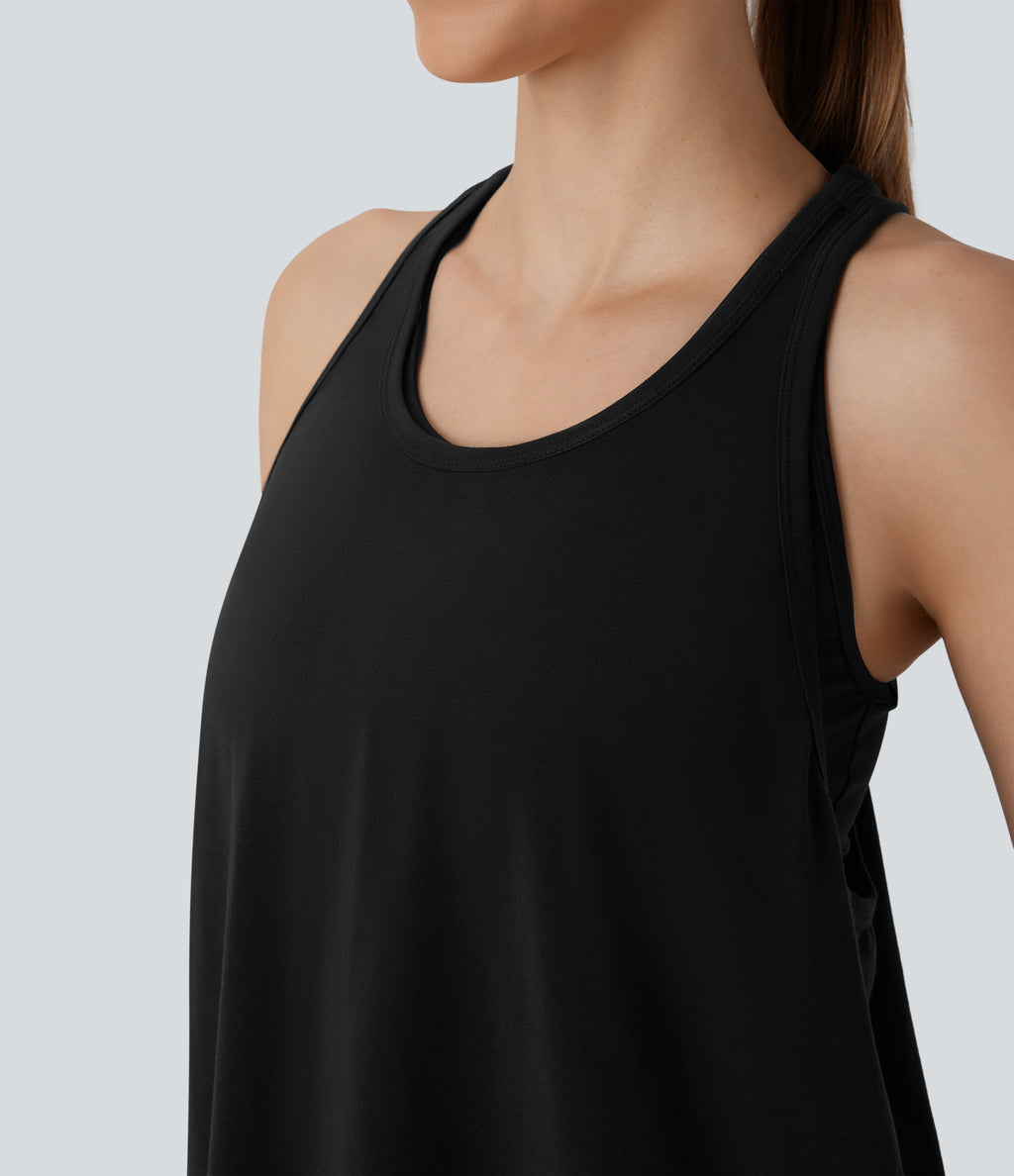 Racerback Curved Hem Stripe Quick Dry Running Tank Vest Top — Black — view 5