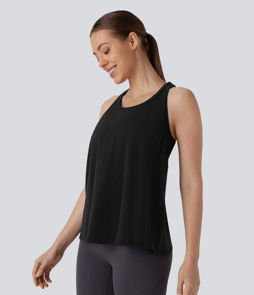 Racerback Curved Hem Stripe Quick Dry Running Tank Vest Top — Black — view 3