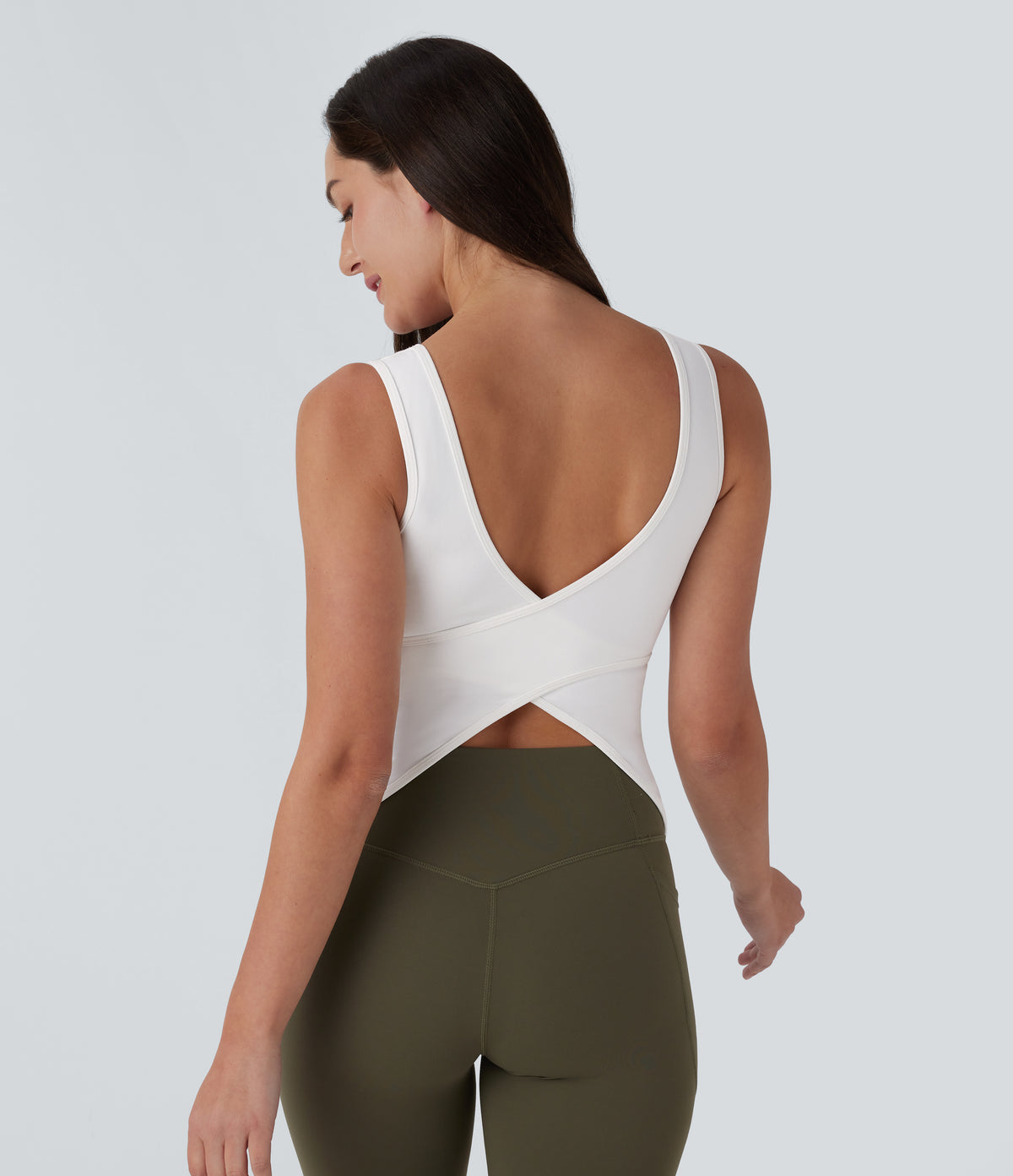 U Neck Backless Crossover Yoga Tank Vest Top-Longer Length — White — view 1