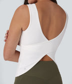 U Neck Backless Crossover Yoga Tank Vest Top-Longer Length — White — view 4